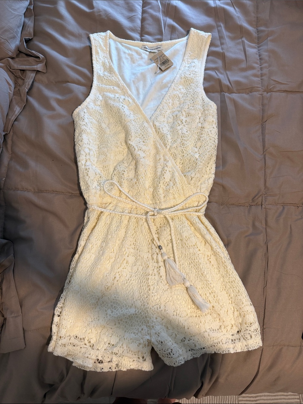 American Eagle Outfitters Cream Lace One-Piece Romper with Tassel Tie